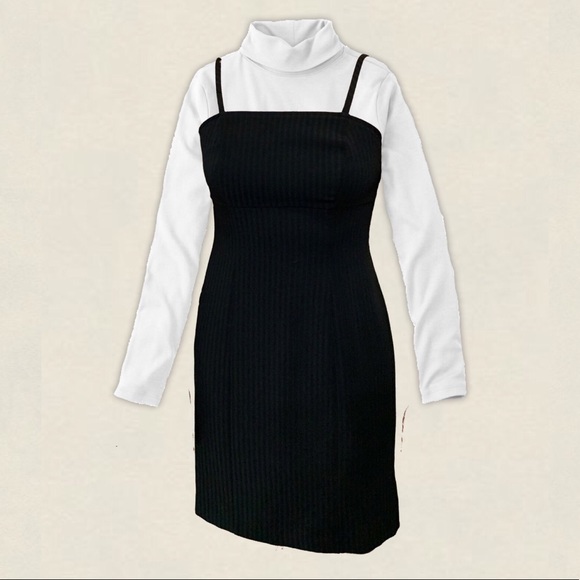 90s pinstriped black midi spaghetti strapped dress - Picture 1 of 6